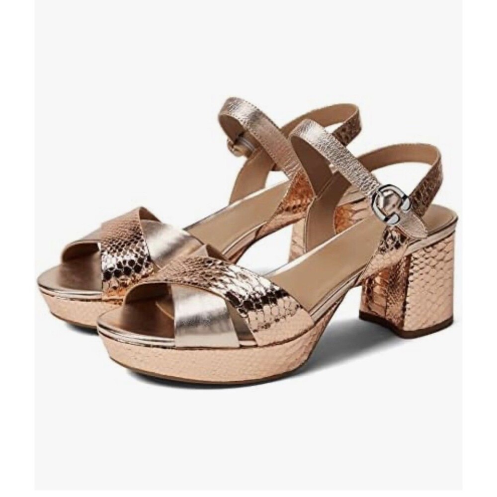 Aerosoles Cosmos Platform Sandals Sz 8 Rose Gold Metallic Leather Snake Retro